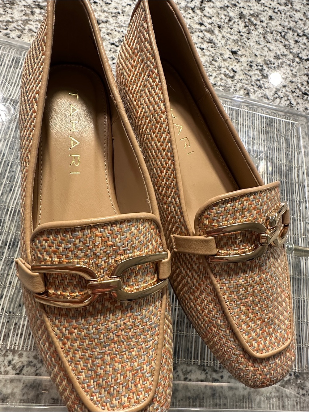Tahari Tan & Multi-Tone Woven Loafers with Gold Buckle